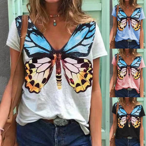 Summer Butterfly Print Short Sleeve V-Neck T-Shirt