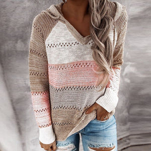 Autumn V Neck Patchwork Hooded Sweater