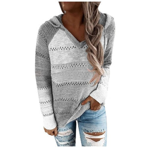 Autumn V Neck Patchwork Hooded Sweater